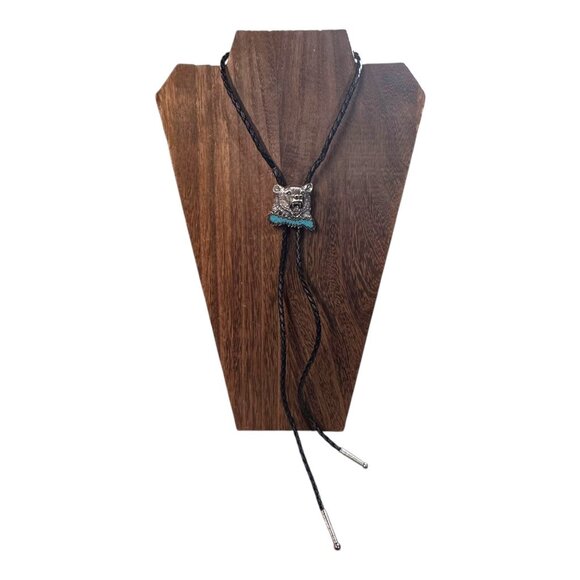 Growling Bear Head Bolo Tie Silver Tips & Adjustable Clasp Vintage Old Pawn - Picture 2 of 5